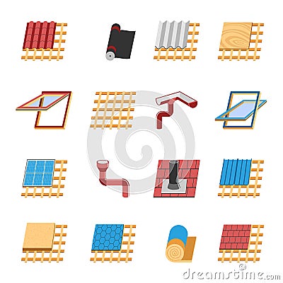 Roof Construction Elements Flat Icons Set Vector Illustration