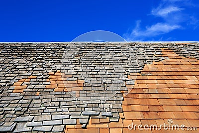 Roof construction site. Removal of old roof, replacement with ne Stock Photo