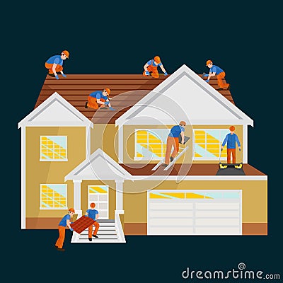 Roof construction worker repair home, build structure fixing rooftop tile house with labor equipment, roofer men with Vector Illustration