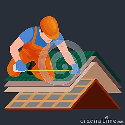 Roof construction worker repair home, build structure fixing rooftop tile house with labor equipment, roofer men with Vector Illustration