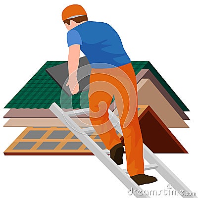 Roof construction worker repair home, build structure fixing rooftop tile house with labor equipment, roofer men with Vector Illustration
