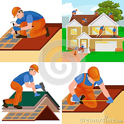 Roof construction worker repair home, build structure fixing rooftop tile house with labor equipment, roofer men with Vector Illustration