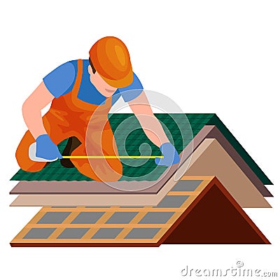 Roof construction worker repair home, build structure fixing rooftop tile house with labor equipment, roofer men with Vector Illustration