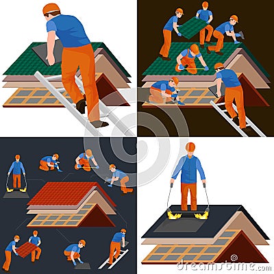 Roof construction worker repair home, build structure fixing rooftop tile house with labor equipment, roofer men with Vector Illustration