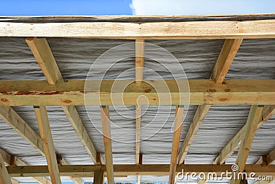 Roof contractor repair. Wooden roof construction. house building. Stock Photo