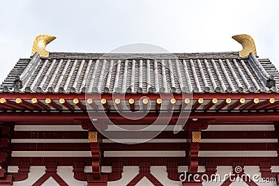 Roof details of Shitennoji oldest Buddhist Temple in Japan founded in 593 by the prince Shotoku Taishi in Osaka Stock Photo