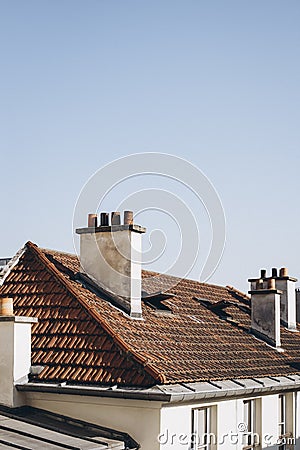 Roof and facade details of building in Paris, France Stock Photo