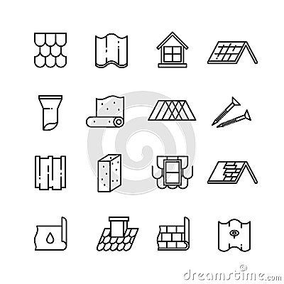 Roof, housetop construction materials, waterproofing thin vector icons Vector Illustration