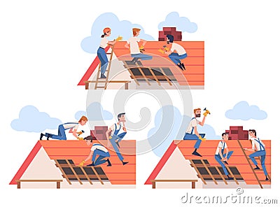 Roof Repair with People Construction Workers Characters Working Vector Set Vector Illustration