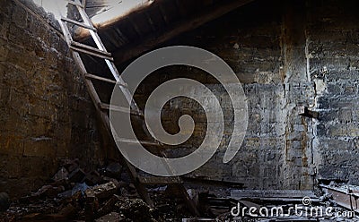 Roof space of abandoned house with old floor covered with guano, Odessa, Ukraine ,Europe Stock Photo