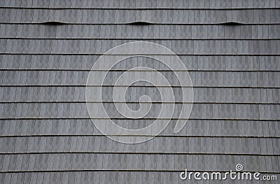 Roof tiles made of plastic imitation wooden shingles. view of rows of gray narrow recycled boards. vents in several elegant bumps. Stock Photo