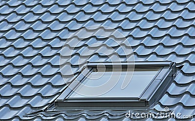 Roof window, grey tiled rooftop, large detailed loft skylight background, diagonal roofing pattern Stock Photo