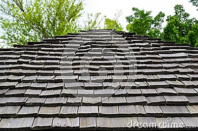 Roof with wood shingle tiles Stock Photo