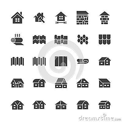 Roofing flat glyph icons. House construction, roof sheathing varieties, tile, chimney, insulation architecture Vector Illustration