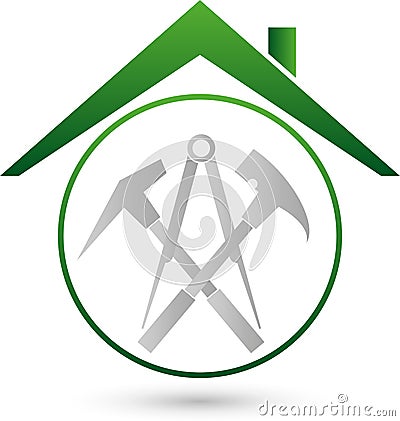 Roofing tools and house, construction and roofing logo Stock Photo