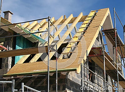 Roofing work at a shell Stock Photo