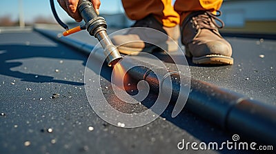 Roofing Worker Installing Waterproof Bitumen Membrane Using Torch-On Technique Stock Photo
