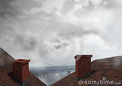 Roofs with chimney and city clouds Stock Photo