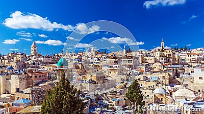 Roofs of Old City with Holy Sepulcher Church Dome, Jerusalem Stock Photo