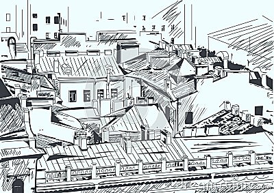 Roofs in the old town center. Saint-Petersburg, Russia. Hand drawn vector digital illustration Vector Illustration