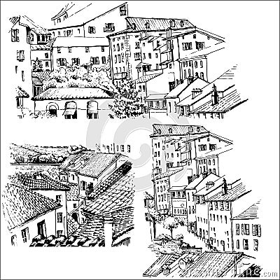 Roofs. Urban sketching. Vector Illustration