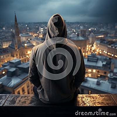 Rooftop ambiance hooded man with hidden face, copy space intensifying intrigue Stock Photo