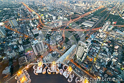 Rooftop bar with aerial view of Bangkok city, Thailand Stock Photo