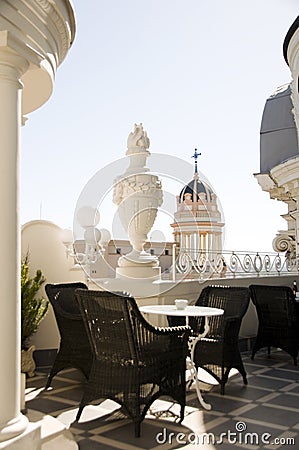 Rooftop cafe Gran Via cathedral view Madrid Spain Stock Photo