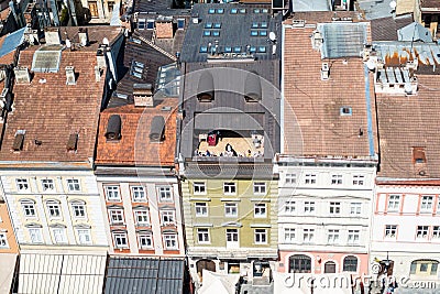 Rooftop cafe in Lviv. The roof is moving back Editorial Stock Photo