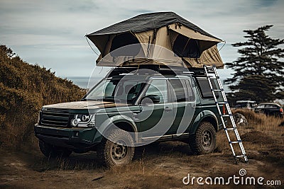 Rooftop Camping Tent Atop Vehicle, Ready For Road Trips. Generative AI Stock Photo