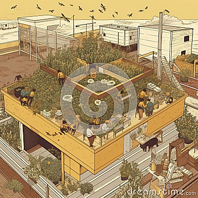 Rooftop Farm with Beehive Stock Photo