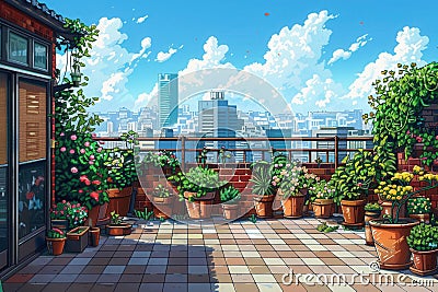 Rooftop garden flat design front view urban oasis theme pixel art 3D render Complementary Color Scheme Stock Photo