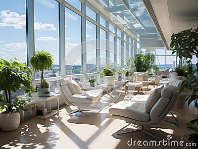 Rooftop office zone with panoramic city views Stock Photo