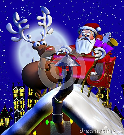 Rooftop Santa and Sleigh Cartoon Illustration