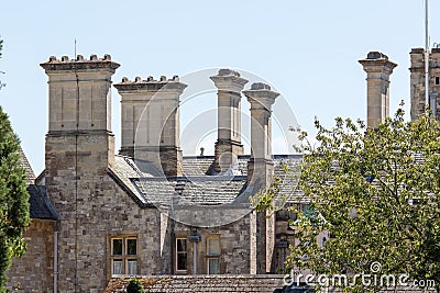 Rooftop stacks on medieval building. Grand gothic architectural roof detail Stock Photo
