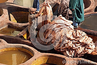 Rooftop tannery in Moroccan city of Fes Editorial Stock Photo