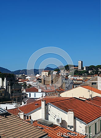 Rooftop view Cannes France old town fort in background Stock Photo