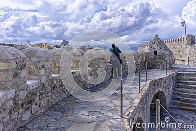 Heraklion, Crete. Rooftop view of the fortress Koules. Tourist taking photos of the fortress Editorial Stock Photo