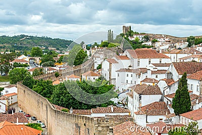 Rooftops, houses and old city wall, Obidos (Portugal) Stock Photo