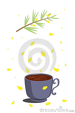 Rooibos tea. Hot herbal traditional drink of red color in a gray cup on top of a rooibos plant and crumbling yellow petals. Stock Photo