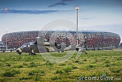Rooivalk Helicopter and Soccer City Editorial Stock Photo