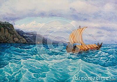 The rook with the vikings sailing along the rocky coast Stock Photo