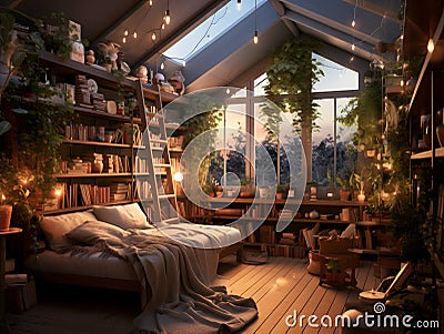 A room with a bed and bookshelves Stock Photo