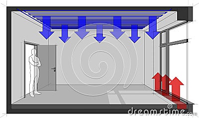 Empty room with french window and ceiling cooling and floor heating convector Vector Illustration