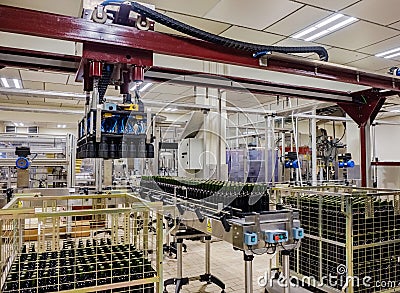 Room with bottling machinery for Rioja wine in a winery in the region called Rioja Alavesa in the town of Elciego, Alava Editorial Stock Photo