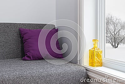 Room with bright decor and winter view Stock Photo