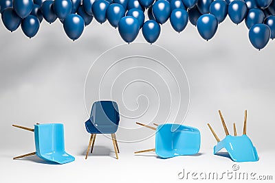 Room with chairs lying and one standing, balloons Stock Photo