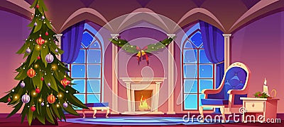 Room at Christmas night, empty home interior, xmas Vector Illustration