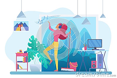 Room cleaning with music flat vector illustration Vector Illustration