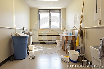 room with cleaning supplies, including mop bucket, broom, and dustpan Stock Photo